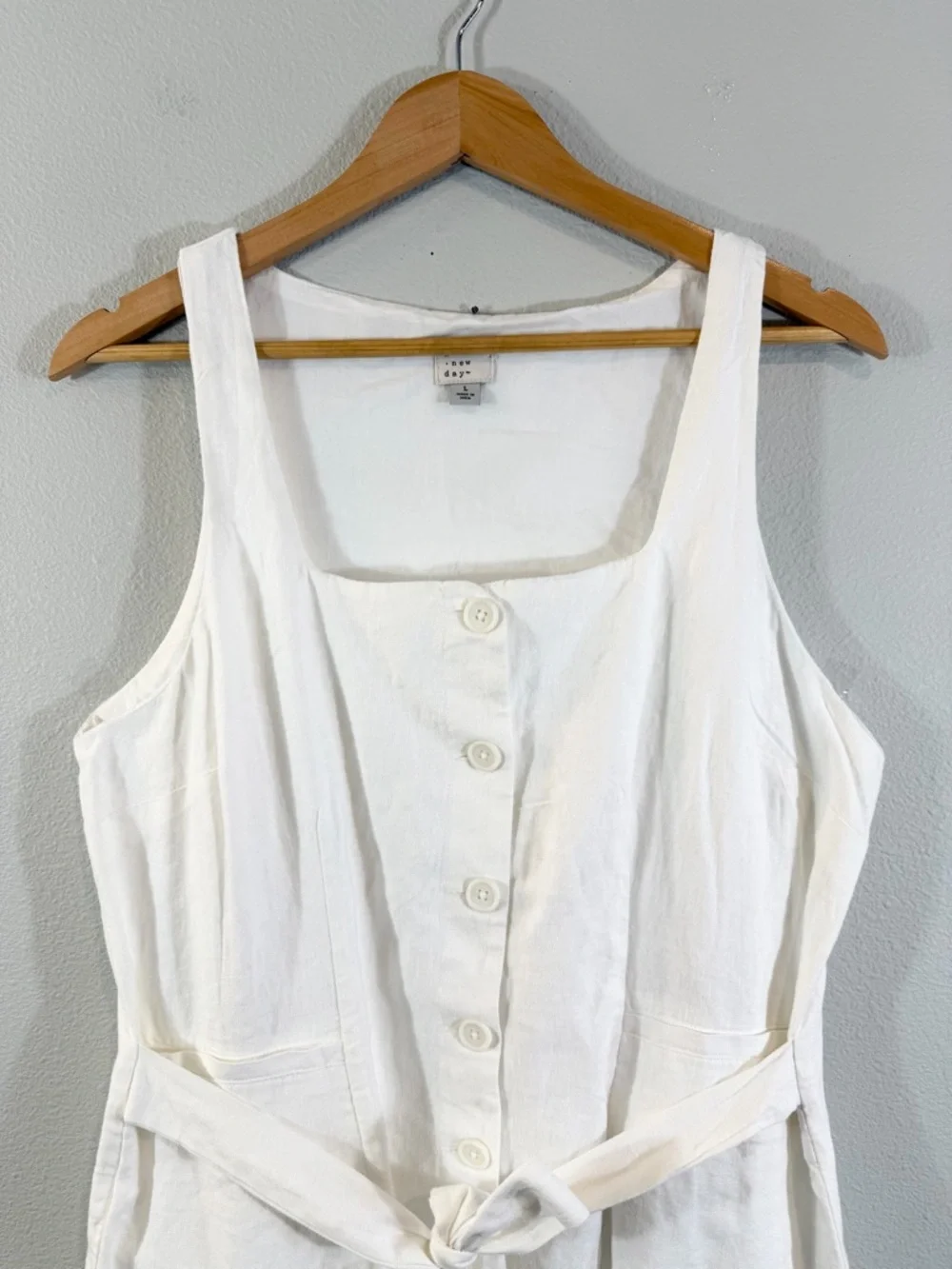 A New Day White Linen Dress Size L Sleeveless Belted Button Front Summer Casual